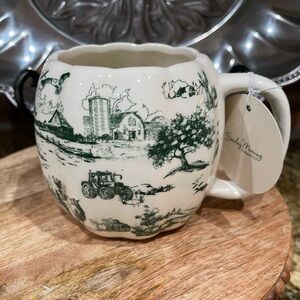Sunday Morning Ceramics pumpkin shaped countryside mug - green & white toile NEW